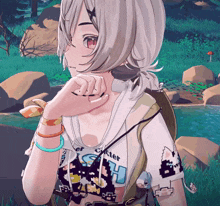 a girl wearing a white shirt that says ' shelter ' on it