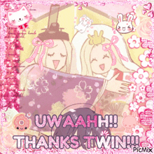a picture of two girls with the words uwaah !! thanks twin !!
