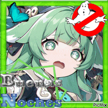 a picture of a girl and a ghost with the words buenas noches in the bottom right corner
