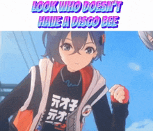 a picture of a girl with the words look who does n't have a disco bee above her