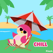 a pink penguin is sitting under an umbrella on a beach and the word chill is on the bottom