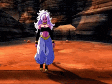 a cartoon character with purple hair is standing in a desert area