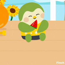 an illustration of a penguin eating a slice of watermelon with the words slice it up