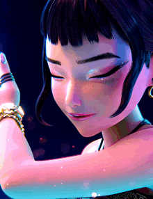 a close up of a cartoon girl with her eyes closed and a bracelet on her wrist