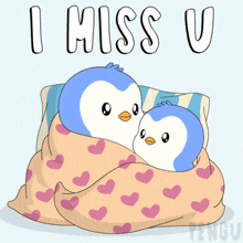 two penguins wrapped in a blanket with the words " i miss u "