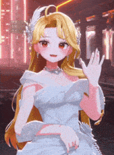 a girl in a white dress with a feather in her hair is waving