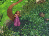 a cartoon girl in a pink dress is standing in a field with her arms outstretched