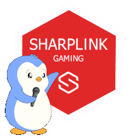 a blue and white penguin holding a microphone in front of a red sign that says sharplink gaming