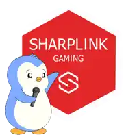 a blue and white penguin holding a microphone in front of a red sign that says sharplink gaming