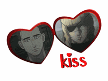 two hearts with a picture of a man and a woman and the word kiss