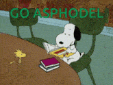 a cartoon of snoopy reading a book with the words go asphodel