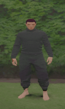 a man in a black turtleneck and black pants is standing on a lush green field