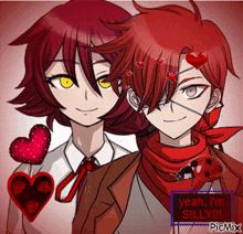 a couple of anime characters with hearts and yeah i 'm silly on the bottom