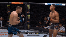 two men are fighting in a boxing ring with a howler head ad in the background