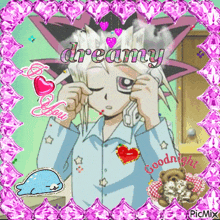 a picture of a boy talking on a cell phone with the words dreamy i love you and goodnight