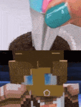 a close up of a person icing a cupcake and a minecraft character