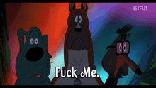 three cartoon animals standing next to each other with the words " fuck me " written on the bottom