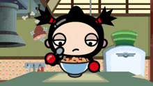 a cartoon of a girl eating cereal with a spoon