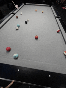 a pool table with balls and a cue that says nba on it
