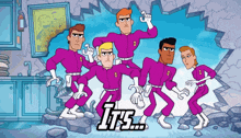 a group of cartoon characters standing next to each other with the words " it 's " on the bottom right