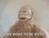 a close up of a monkey with the words `` we bout to be rich '' written above it .