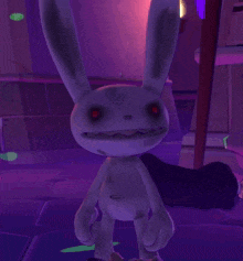 a cartoon rabbit with red eyes and a purple background