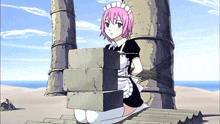 a girl in a maid outfit is tied to a brick wall