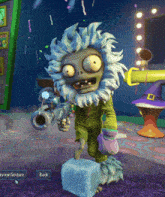 a cartoon character is holding a gun in a room with a back button