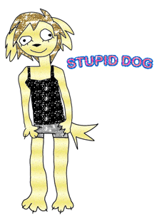 a drawing of a dog that says stupid dog on it
