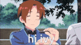 a boy making a heart shape with his hands and the word hi ivy written below him