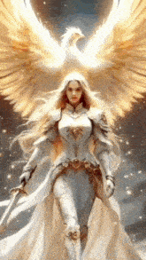 a woman in armor with wings is holding a sword and a phoenix behind her .