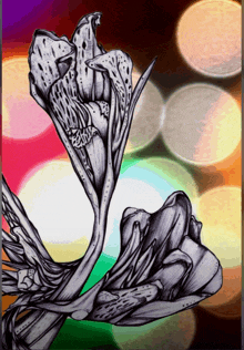 a black and white drawing of a flower with a blurred background