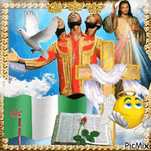 a picture of jesus and a man with a cross and a smiley face