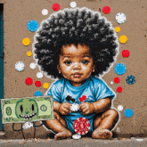 a painting of a baby holding a green dollar bill