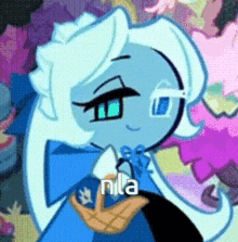a cartoon character with white hair and blue eyes is standing in front of a colorful background and holding a hand .