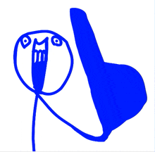 a blue drawing of a stick figure with a thumbs up