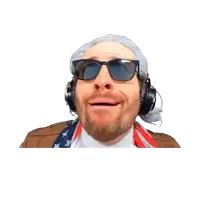 a man wearing sunglasses and headphones with an american flag around his neck
