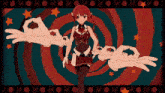 a girl with red hair is surrounded by circles and stars with the letter m on it