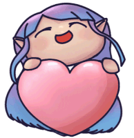 a cartoon drawing of a girl with blue hair holding a pink heart