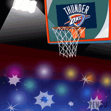 an oklahoma city thunder basketball hoop with a spotlight on it