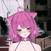 a girl with purple hair has a heart on her head