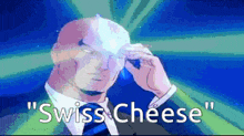 a man in a suit and tie says " swiss cheese " in a pixelated image