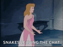 a cartoon of a woman in a pink dress standing in a room .