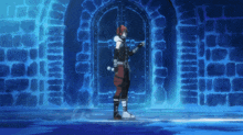 a cartoon character stands in front of a blue door