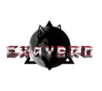 a logo with a wolf and the word exavero in red