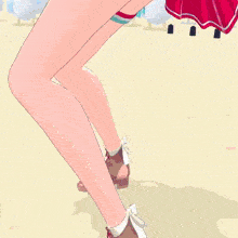 a girl in a polka dot skirt is standing on a beach with surfboards in the background