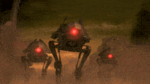 a group of robots with red eyes are standing in a dark area
