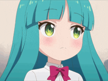 a girl with blue hair and green eyes has a pink bow tie