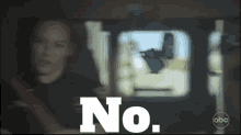 a blurred image of a woman in a car with the words " no " written above her
