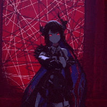 a girl with long black hair and red eyes is standing in front of a red background